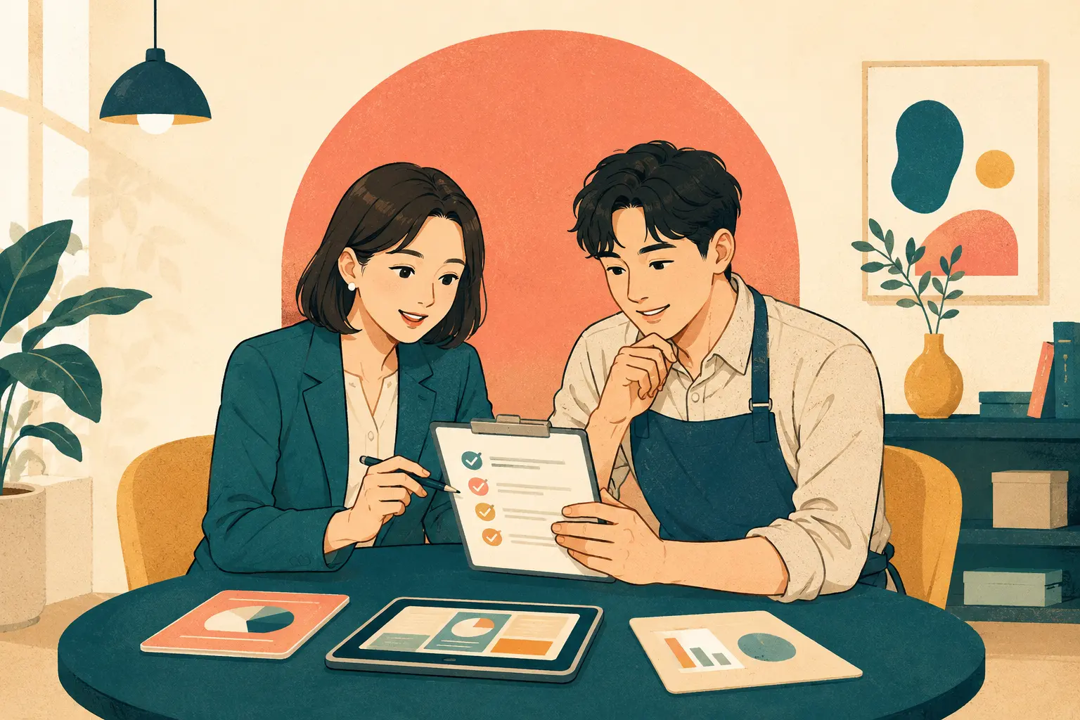 고객과 예산표를 함께 살펴보는 함께대부 신용상담 안내