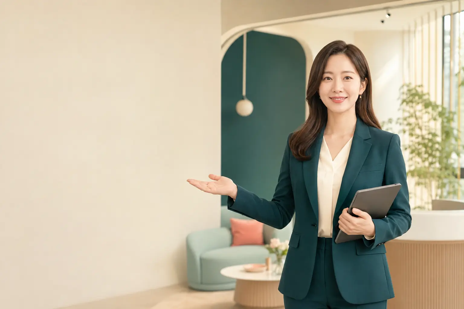 태블릿을 들고 따뜻하게 상담을 안내하는 함께대부 금융 가이드