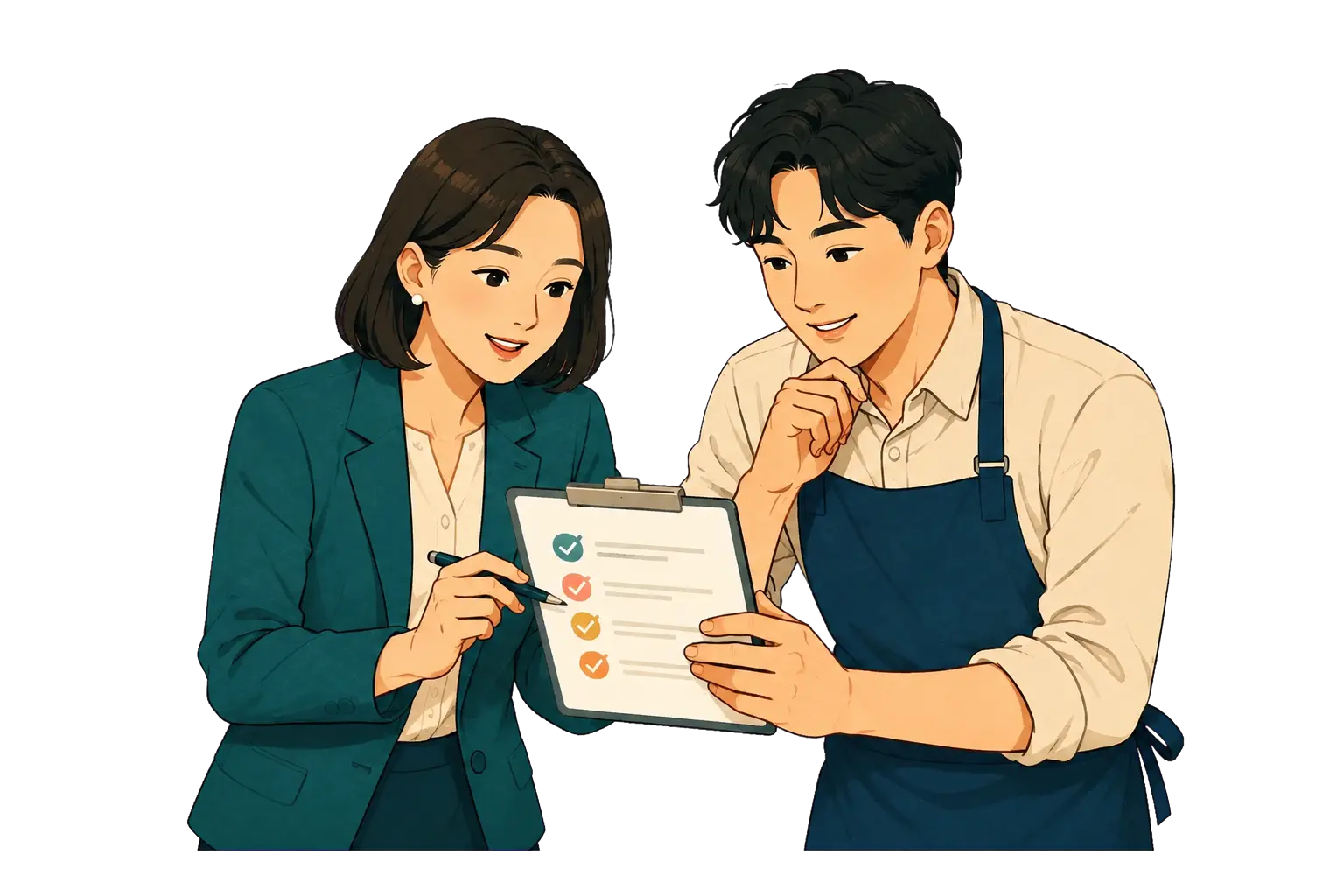 고객과 상환 체크리스트를 함께 살펴보는 함께대부 상담 캐릭터